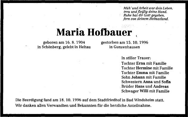 Hofbauer Maria 1905-1996 Todesanzeige